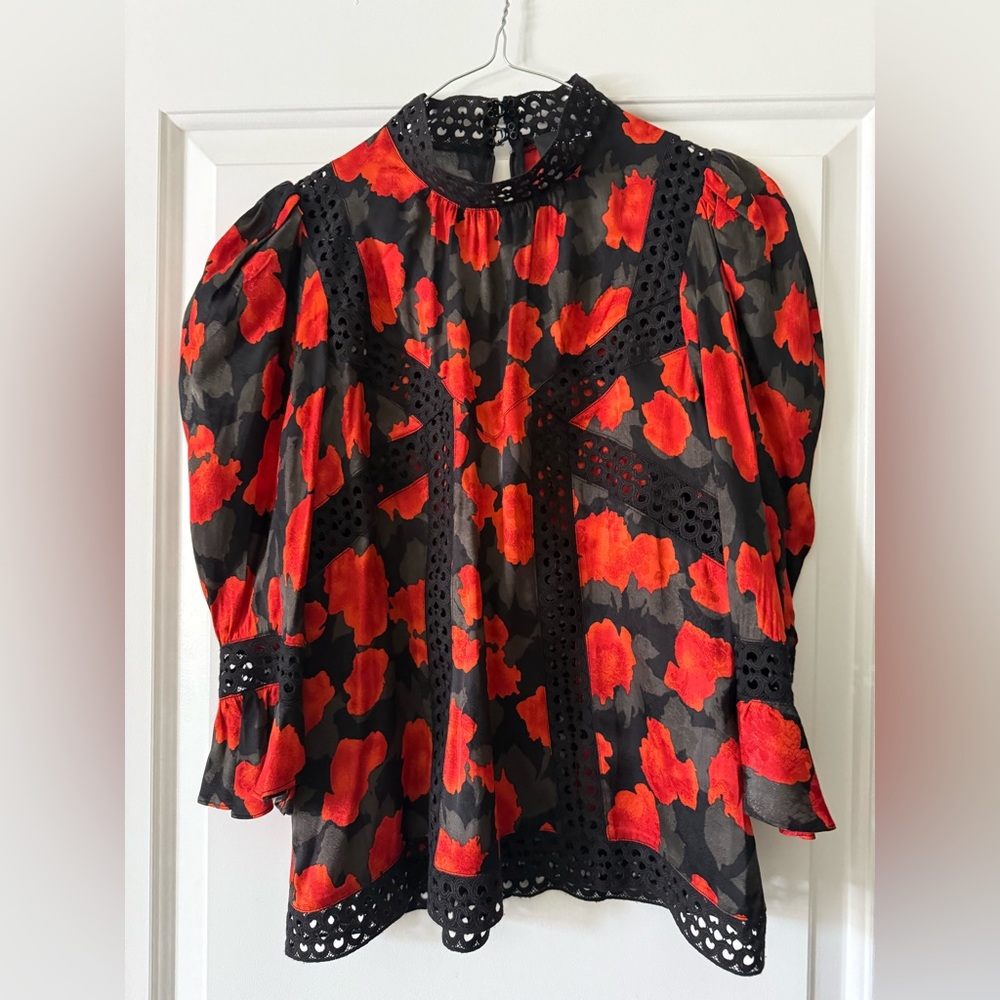 The Kooples Black Blouse with Red Floral Print and Eyelet Trim